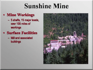 Sunshine Mine Idaho slide showing mine workings shafts levels and surface facilities in silver mining operations