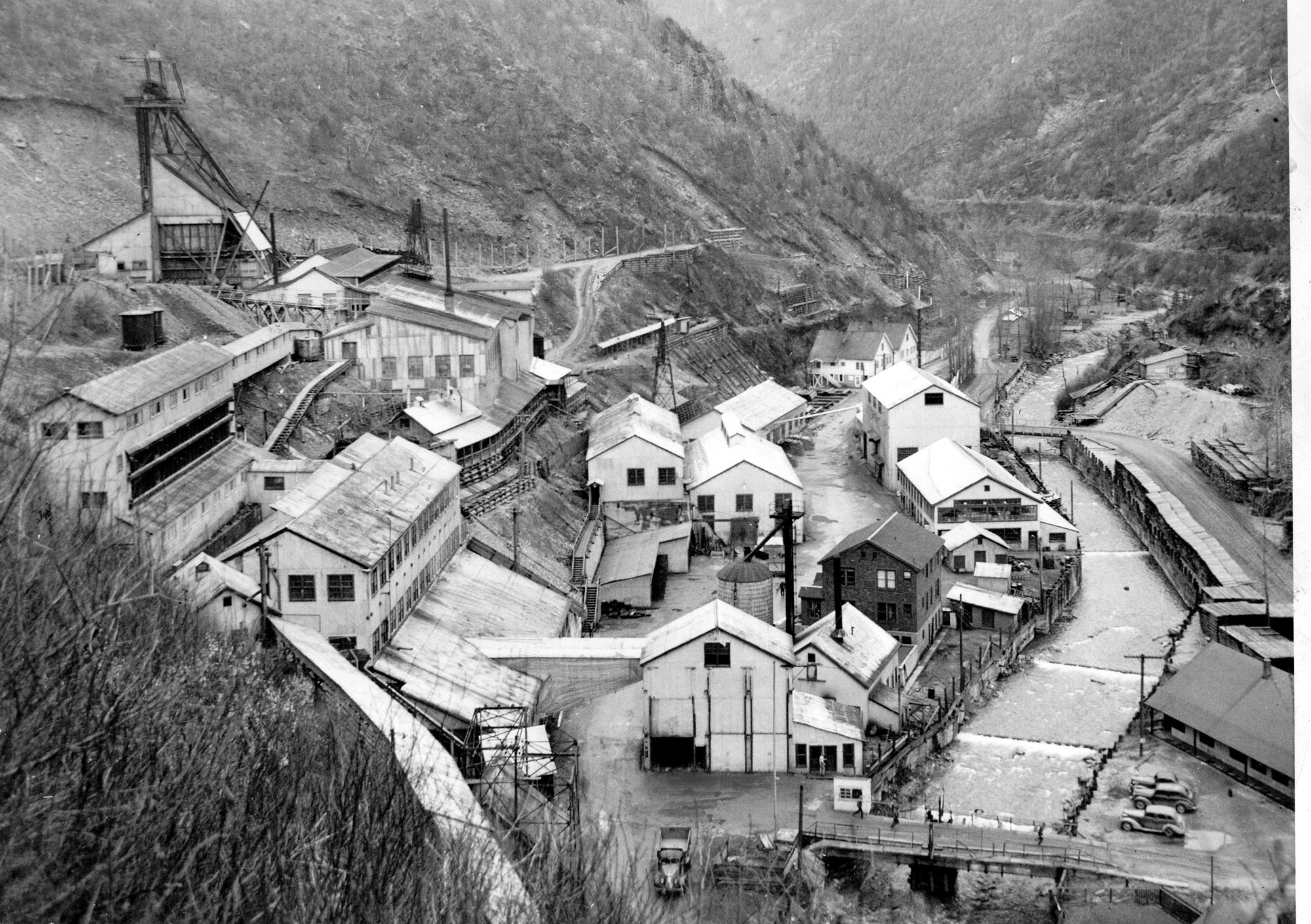 Historic view of Sunshine Mine in Idaho Silver Valley showing surface buildings and mining operations