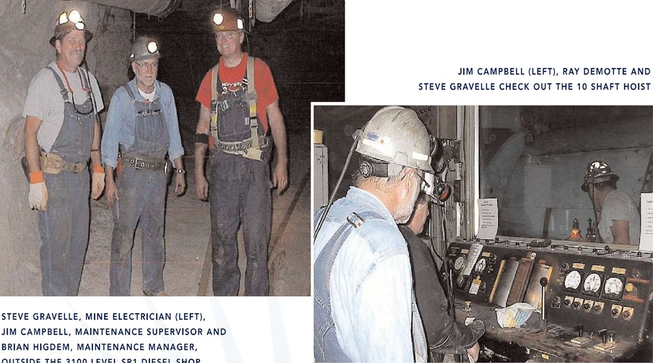 Mining workers inspecting underground hoist controls at Sunshine Mine silver mining facility in Idaho